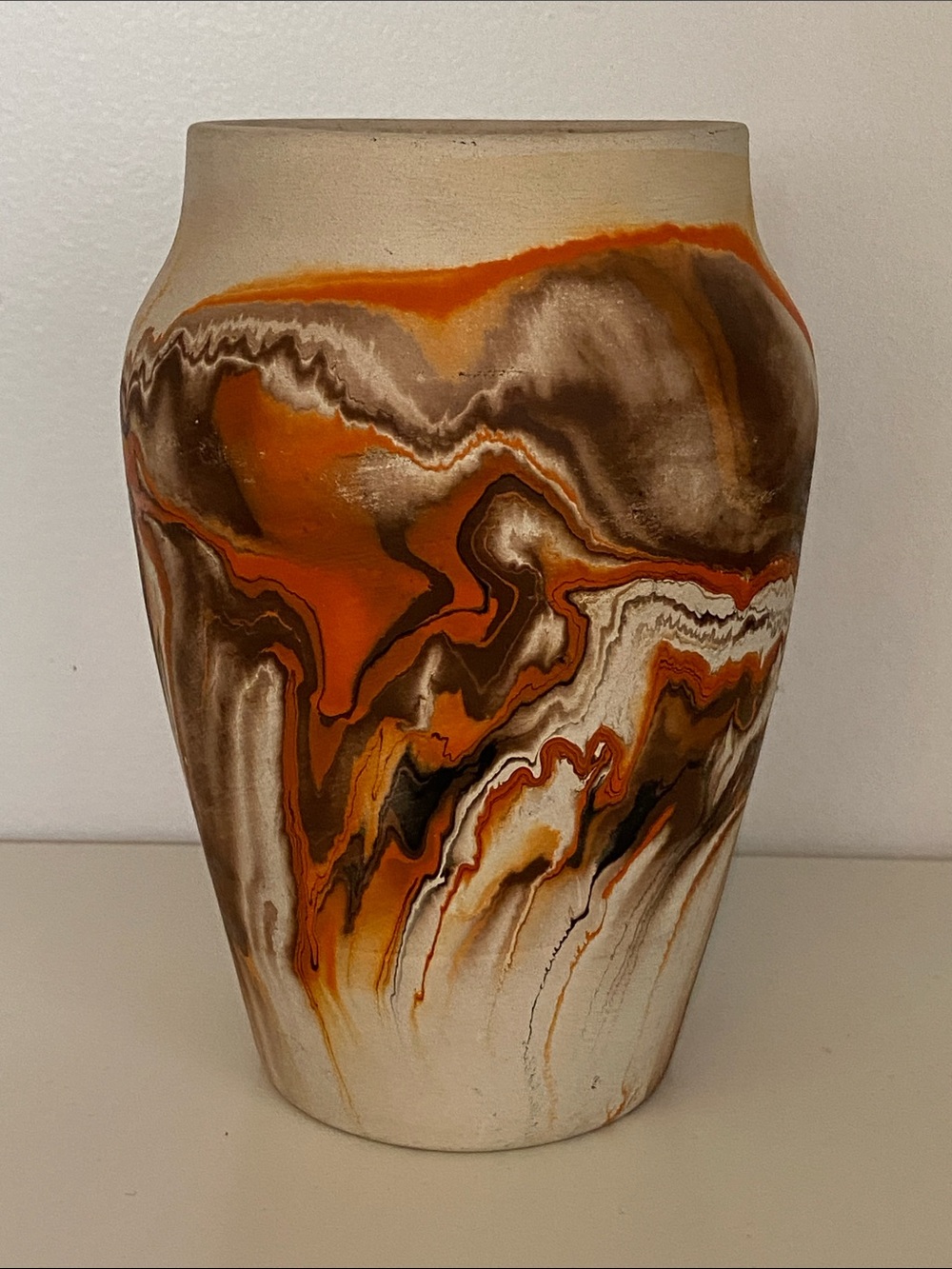 Nemadji Pottery Artisanal Swirl Vase in Orange and Brown